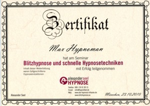 Zertifikat: Blitzhypnose und schnelle Hypnosetechniken von Alexander Seel