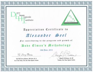 Certificate Dave Elman Hypnosis Institute Showhypnotiseur Alexander Seel