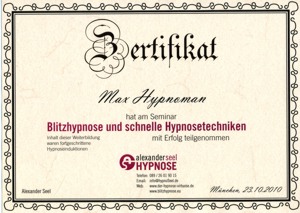Hypnose Zertifikat Blitzhypnose Seminar von Alexander Seel